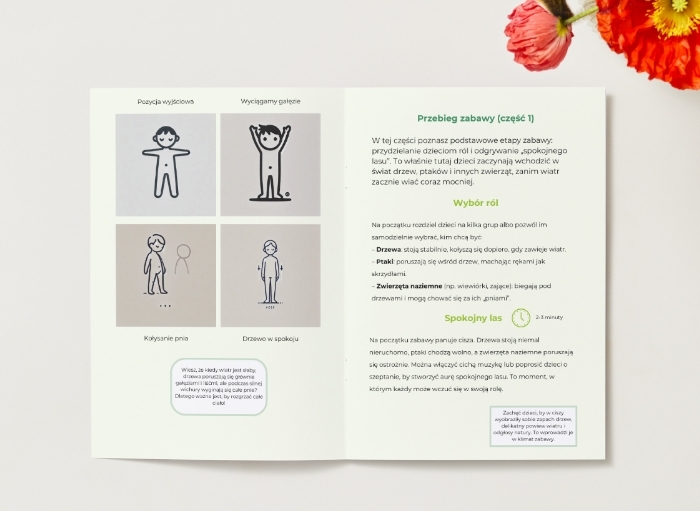 Zabawa w „Drzewo i wiatr”: dzieci odgrywają role drzew, ptaków, zwierząt.