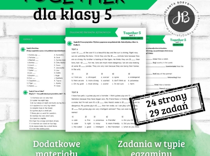 Together 5 Unit 5: Animal world – materiały dodatkowe: słownictwo, gramatyka, komunikacja, czytanie, egzamin ósmoklasisty – karty pracy, ćwiczenia