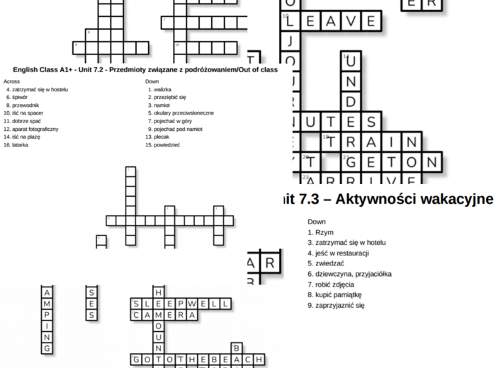 English Class A1+ – Unit 7 – krzyżówki – Transport/Przedmioty związane z podróżowaniem_Out of class/Aktywności wakacyjne