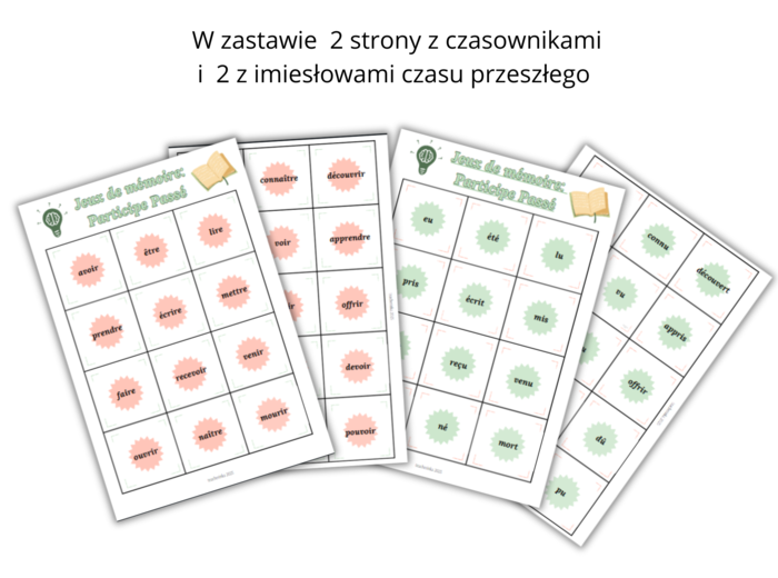 Karty z czasownikami do gry memory i nauki imesłowów czasu przeszłego, język francuski, passé composé, participe passé