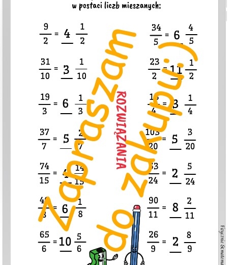 Zamiana ułamków niewłaściwych na liczby mieszane - karta pracy lub kartkówka z rozwiązaniem.