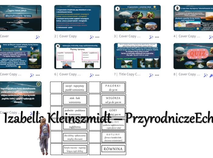 Scenariusz lekcji „Ukształtowanie terenu” w formie prezentacji multimedialnej w genial.ly + nazwy form terenu i nazwy budowy wzniesienia i doliny do zalaminowania i zrobienia chorągiewek w pdf. Przyroda 4, „Poznajemy krajobraz najbliższej okolicy”