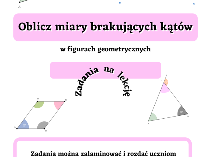 Oblicz miary kątów w figurach geometrycznych.