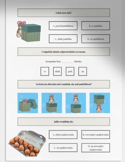 Na, pod, w, za, przed, obok, wewnątrz, na zewnątrz. Karta pracy. Sprawdzian