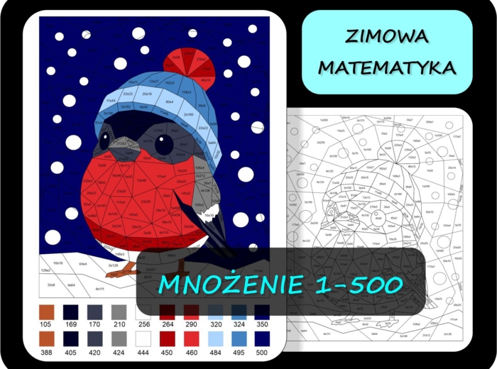 Kolorowanka matematyczna, mnożenie 1-500, tabliczka mnożenia, świąteczna matematyka, mnożenie liczb dwucyfrowych 6 GIL