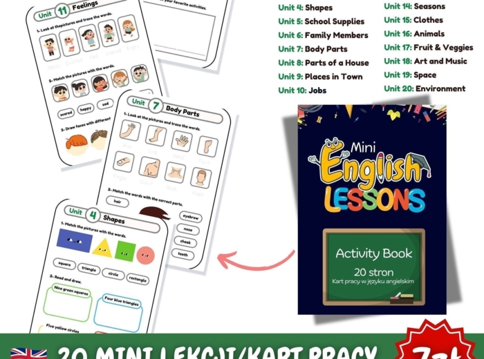 📘 Mini English Lessons – Activity Book🧑‍🎓🇬🇧 🧑‍🎓Praktyczny zestaw 20 kart pracy/mini lekcji dla nauczycieli języka angielskiego!