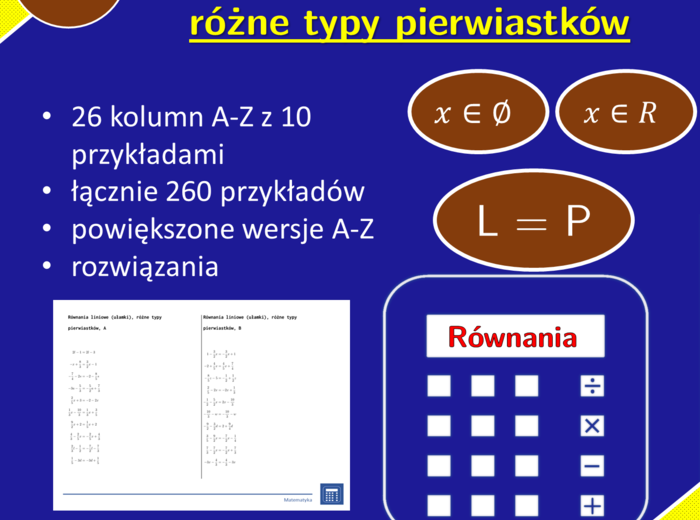 Równania liniowe (ułamki), różne typy pierwiastków | matematyka, algebra | 26 kolumn