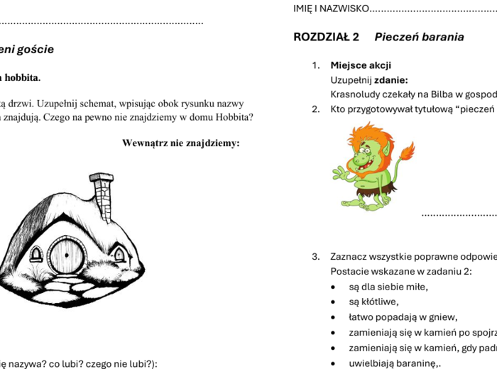Hobbit - zadania do samodzielnej pracy z tekstem wraz z odpowiedziami.