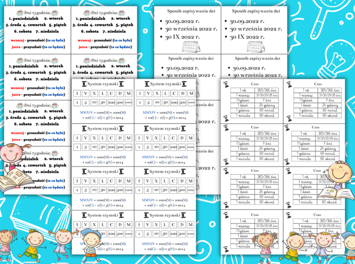 Wklejki do zeszytu - liczby rzymskie, czas, dni tygodnia.