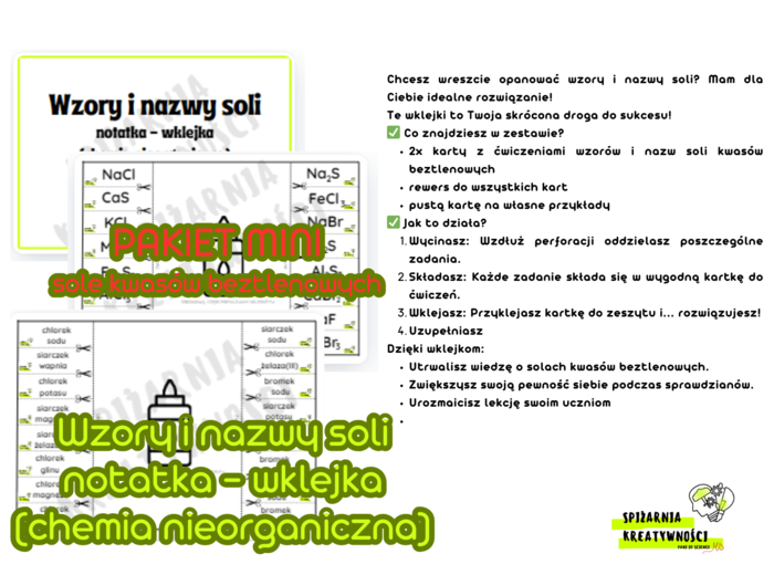 Wzory i nazwy soli notatka wklejka PAKIET MINI sole kwasów beztlenowych