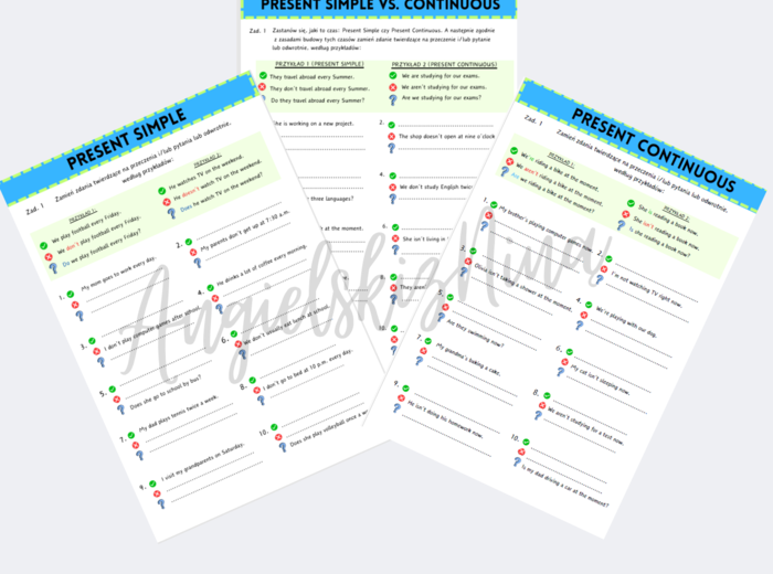 MEGA ZESTAW: Present Simple vs. Present Continuous - porównanie - czasy teraźniejsze - E8 - matura - wklejki = karty pracy - ćwiczenia - zadania - kartkówki - 3 zestawy speaking cards - mówienie - gry na Wordwall