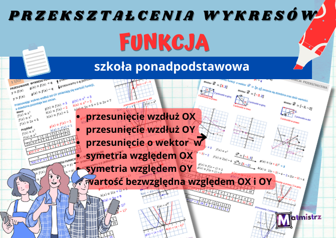 Przekształcenia wykresów funkcji-przesunięcie wzdłuż OX, przesunięcie wzdłuż OY, przesunięcie o wektor, symetria względem OX, symetria względem OY, wartość bezwzględna względem OX i OY..