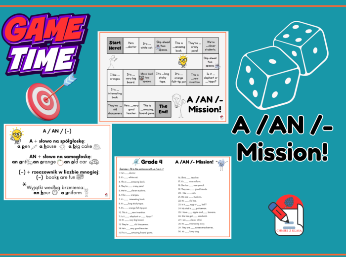 A/ AN/ - MISSION! - GRA- WKLEJKA- ĆWICZENIE (30 zdań)