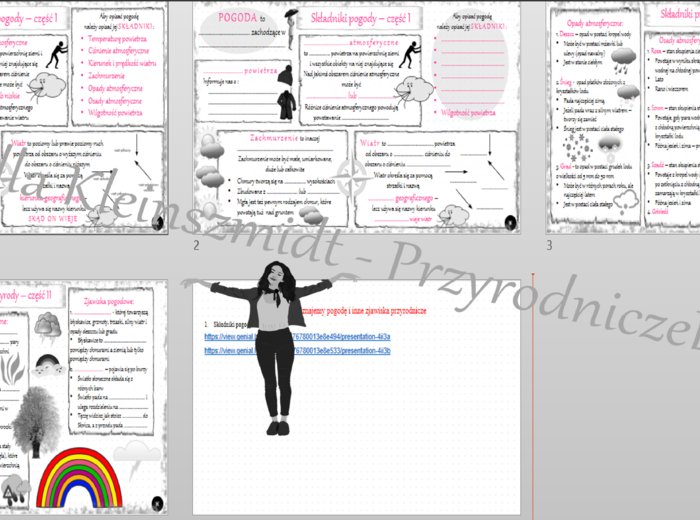 Minizestaw na jedną lekcję „Składniki pogody” – 2 x sketchnotka + 2 x karta pracy w power point + 2 x gratisowy link do prezentacji multimedialnej niekomercyjnej wykonanej w genial.ly do indywidualnego pobrania i użycia do celów niekomercyjnych. Przyroda