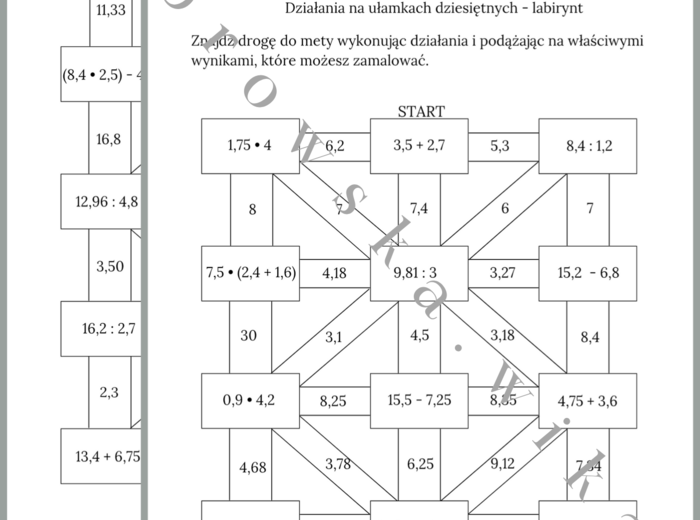 Działania na ułamkach dziesiętnych - labirynt