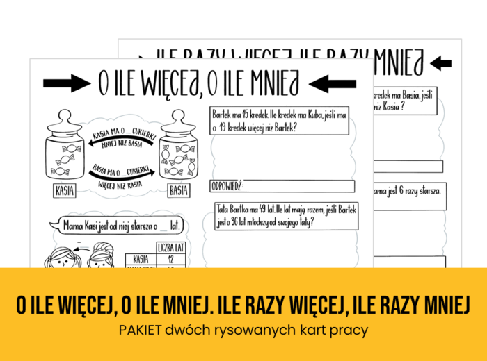 Matematyka. Pakiet rysowanych kart pracy. O ile więcej, o ile mniej. Ile razy więcej, ile razy mniej.