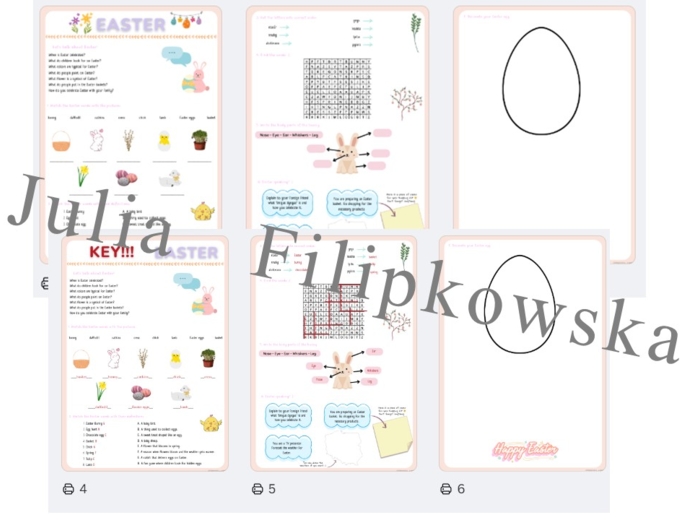 Easter / Wielkanocny zestaw zadań/ karta pracy / gotowa lekcja / Wielkanoc / Zadania/ Mówienie/ Słownictwo/ Klasy 4-6
