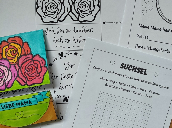 Język niemiecki - Meine Mama/ Muttertag - karta pracy plus kartka dla mamy