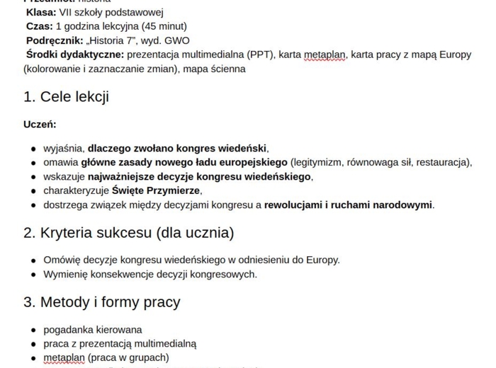 H701 scenariusz lekcji Kongres wiedeński