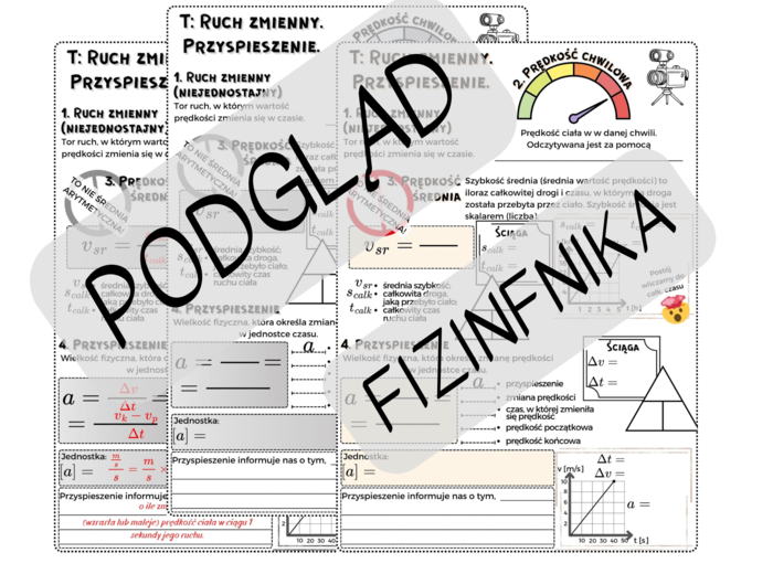 Ruch zmienny i przyspieszenie – A5 notatka/karta pracy/wklejka – kinematyka