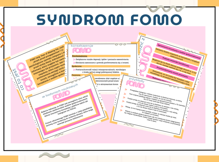 Gazetka szkolna- FOMO- profilaktyka -pedagog-psycholog-wychowawca- 10 kolorowych kart A4- całoroczne