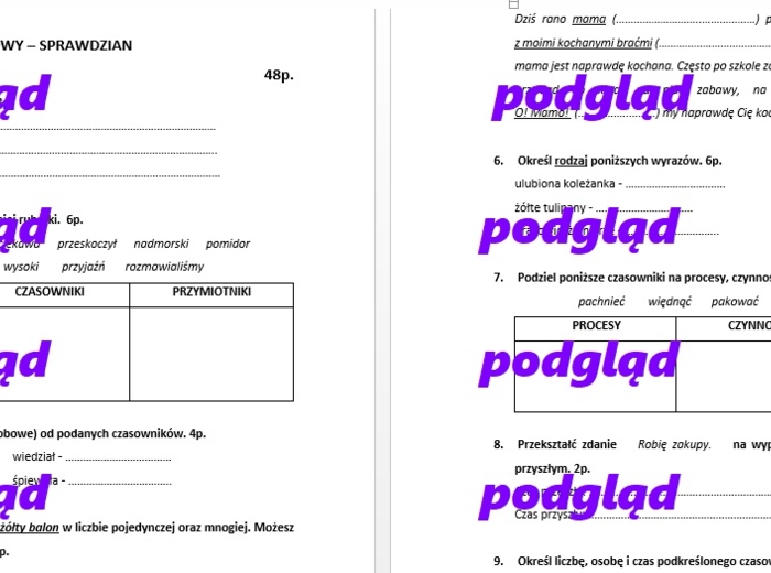 Czasownik, rzeczownik, przymiotnik - sprawdzian dla kl. 4, 5