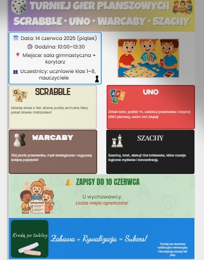 Turniej gier planszowych (scrabble, Uno, warcaby, szachy).