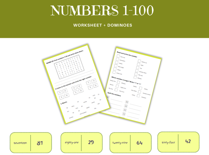 Numbers 1-100 Worksheet - liczby 1-100 po angielsku, karty pracy, ćwiczenia. Dodatkowo gra domino