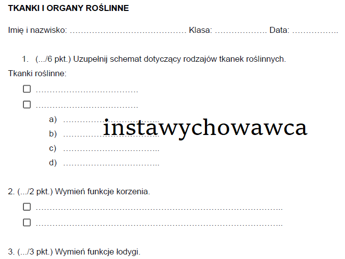 tkanki i organy roślinne - sprawdzian