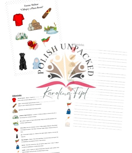 Ikony (symbole) "Chłopcy z Placu Broni", plansza, karta pracy + odpowiedzi, egzamin ósmoklasisty, lektura obowiązkowa klasa 5