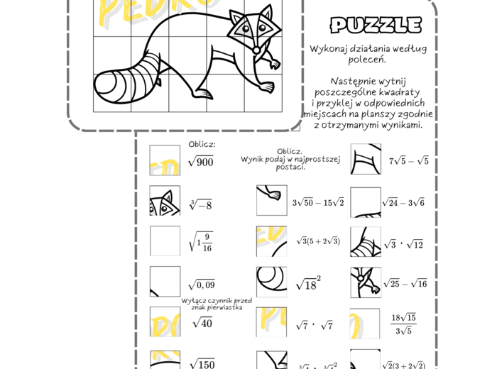 Pierwiastki - powtórzenie klasa 7, 8. Puzzle PEDRO