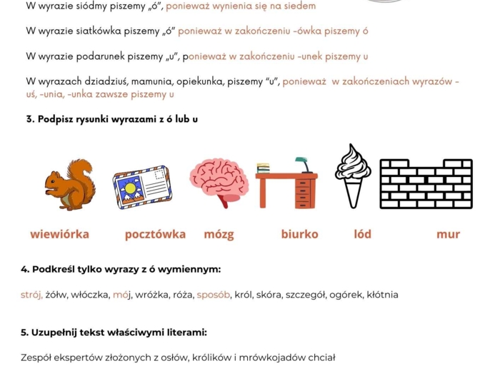 Kartkówka ortograficzna - ó i u, klasa 4