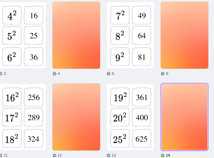 Gra Memory - kwadraty liczb