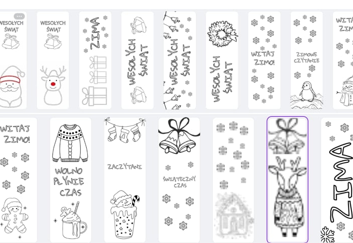 Zimowe i świąteczne zakładki do książek do pokolorowania