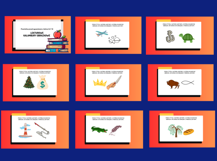 LEKTUROWE KALAMBURY OBRAZKOWE – prezentacja - 48 slajdów – egzamin – lektury kl.7-8 - powtórzenie