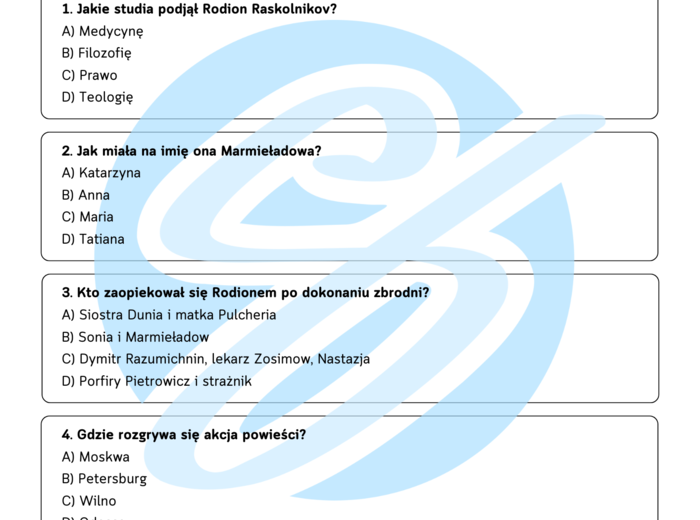 Test z lektury „Zbrodnia i kara” | Dostojewski | Liceum | 15 pytań ABCD + Klucz + Skala ocen