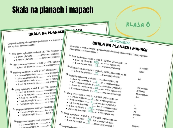 Skala na planach i mapach, klasa 6, karta pracy z hasłem
