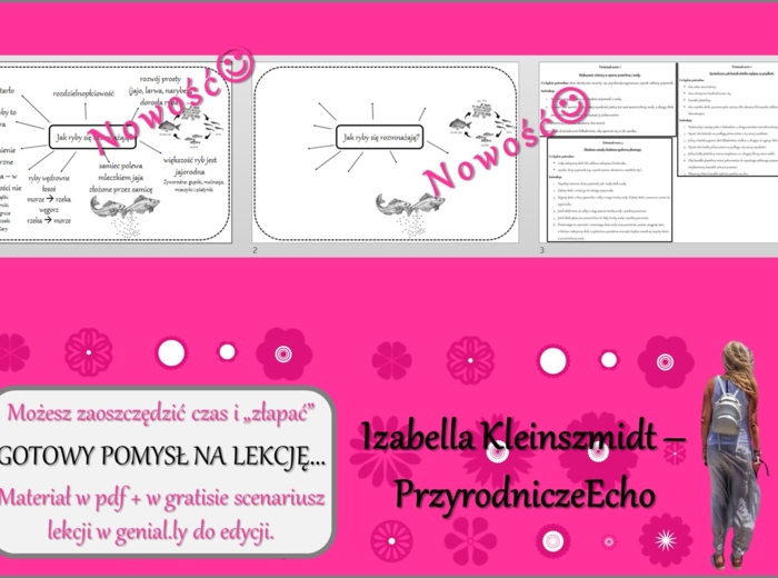 Pomysł na lekcję/karta pracy/stacje zadaniowe/ materiał do lekcji do tematu „Ryby - kręgowce środowiska wodnego. Rozmnażanie i rozwój ryb. Co pozwala rybom pływać?” w pdf. W gratisie niekomercyjny scenariusz lekcji/pomysł na lekcję w programie genial.ly 
