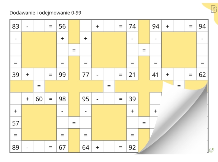 Liczby niewiadome w matematycznych krzyżówkach, dodawanie i odejmowanie w zakresie 0-99