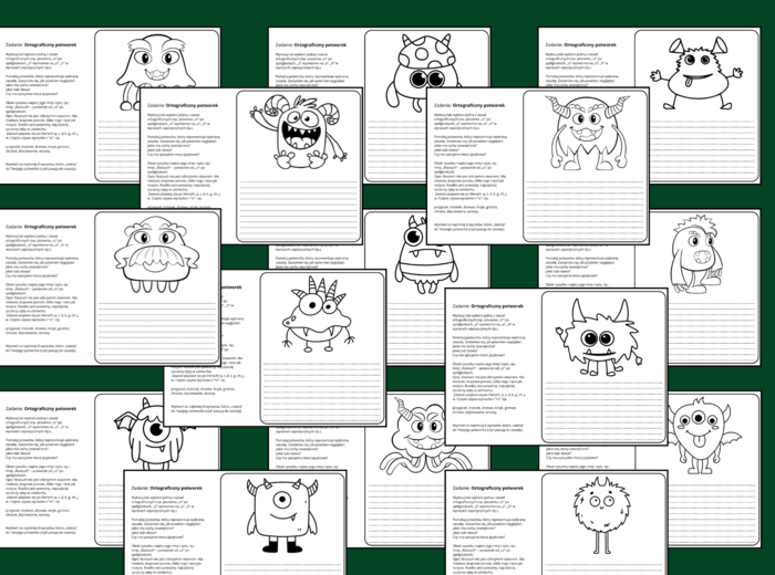 ORTOGRAFICZNY POTWOREK - karty pracy - karta pracy - zasady ortograficzne - ORTOGRAFIA - ćwiczenia redakcyjne - opis - 21 szt.