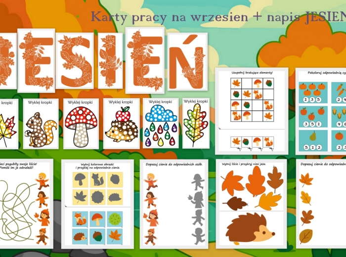 Karty pracy na wrzesień - jesienne (jpg i pdf) plus napis jesień w formacie pdf