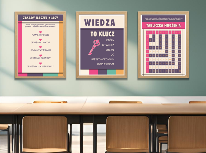 Zestaw Obrazków do szkolnej sali z możliwością DRUKU. Tabliczka Mnożenia, zasady klasy, tekst Inspirujący.