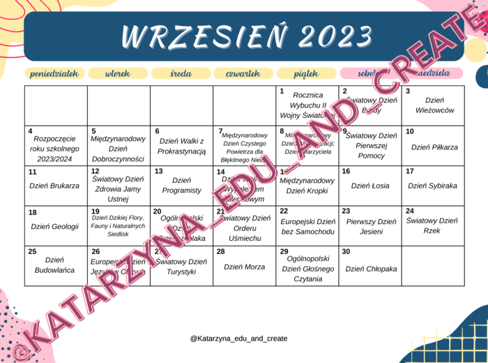 Kalendarz roku szkolnego 2023/2024 - święta - poziom