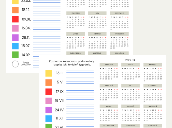 KALENDARZ NA 2025 ROK - ZADANIA MATEMATYCZNE
