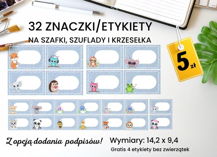 Znaczki "Słodkie Zwierzątka" - etykiety na szafki/szuflady/krzesła/wieszaczki + 32 szt zwierzątek + 4 puste z opcją dodania napisu w formacie PDF