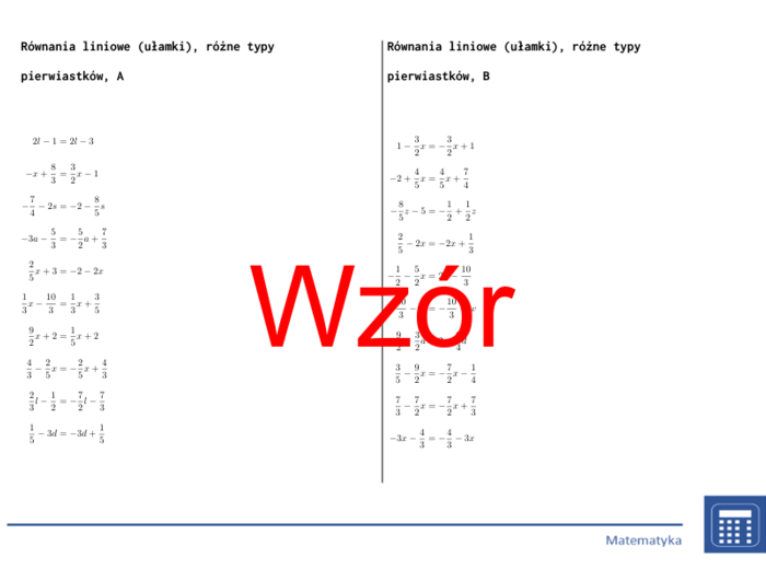 Równania liniowe (ułamki), różne typy pierwiastków | matematyka, algebra | 26 kolumn