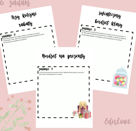 Świąteczne procenty – rabaty, budżet i zakupy: zestaw 6 zadań dla klas 6–8 EduLove