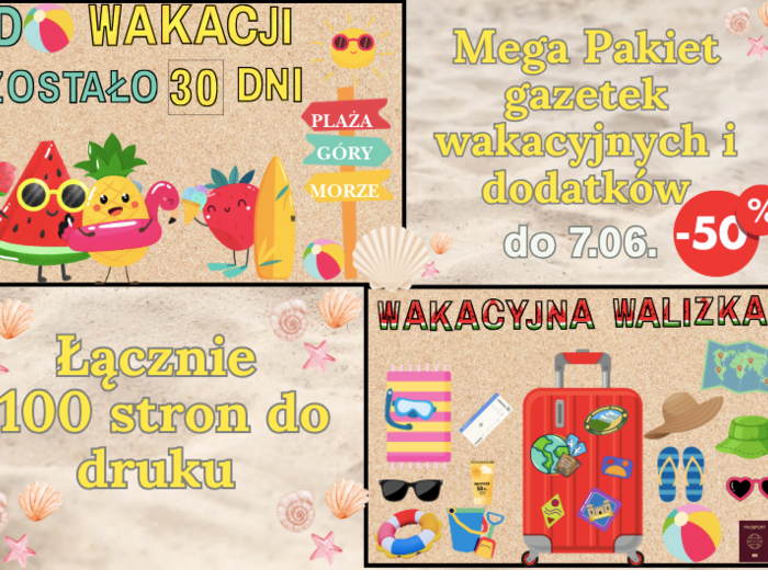 ☀️ MEGAPAKIET: Walizka + Odliczanie – Wakacyjna Przygoda x2! 🎒📅 Dwie bestsellerowe gazetki i kreatywne materiały na zajęcia w przedszkolu i młodszych klasach w jednym zestawie – teraz 50% taniej tylko do 7.06!