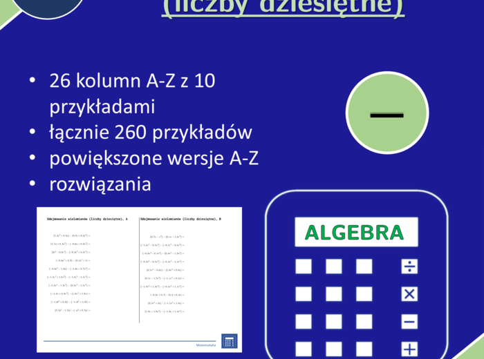 Odejmowanie wielomianów (liczby całkowite) | matematyka, algebra | 26 kolumn