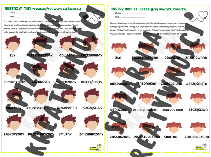MISTRZ MIMIKI - rozszyfruj wyrazy twarzy (wersja chłopiec i dziewczynka) zajęcia TUS, rewalidacja, godziny wychowawcze
